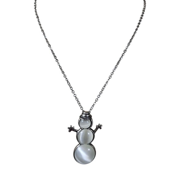 Vintage Silver White Moonglow Lucite SNOWMAN Pendant Necklace Brooch - Picture 2 of 8